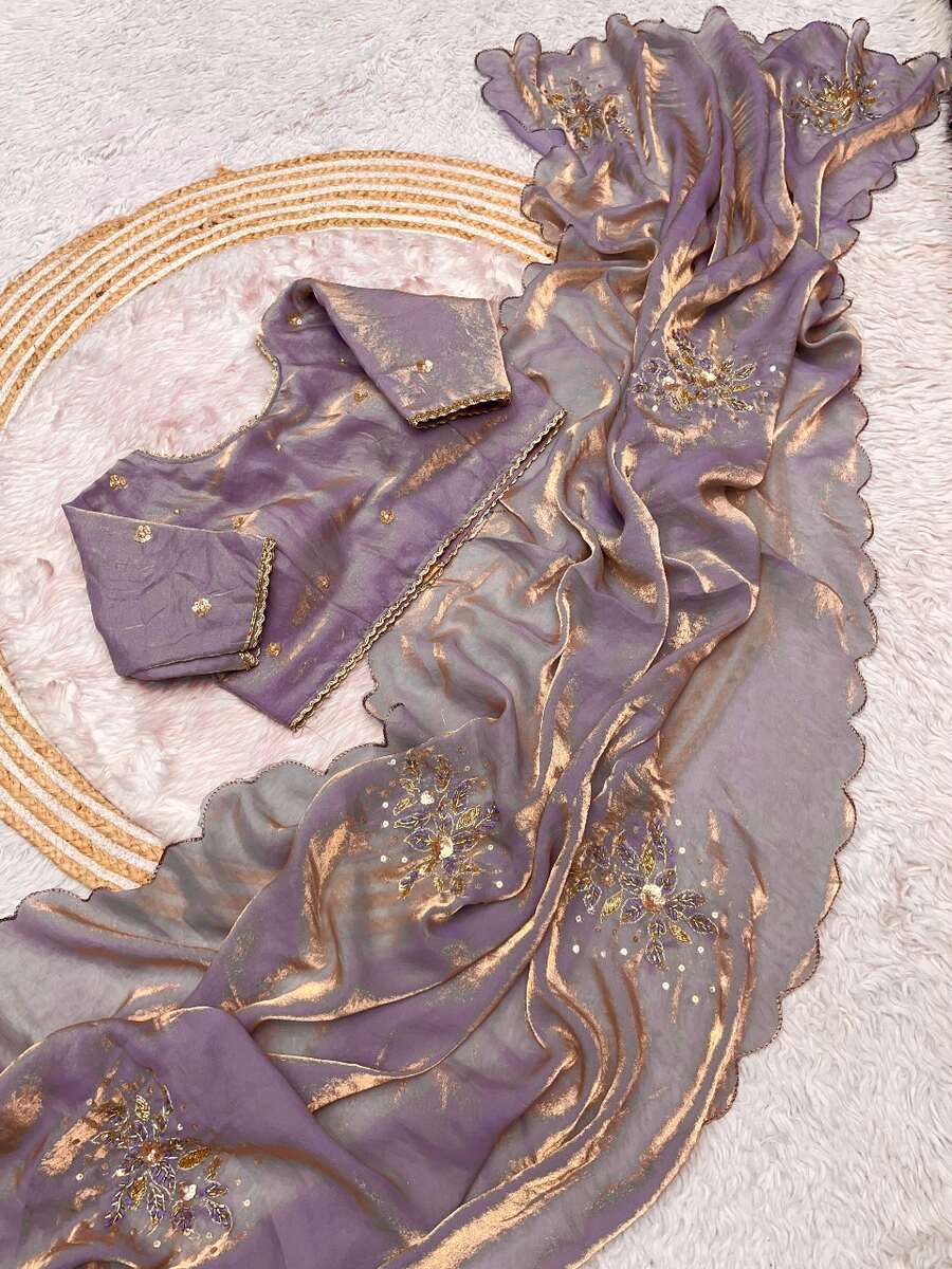 SATTIN KHATLI CUT DANA HANDWORK WITH ARCO BORDER SAREE WITH UNSTITCHED BLOUSE LAVENDER