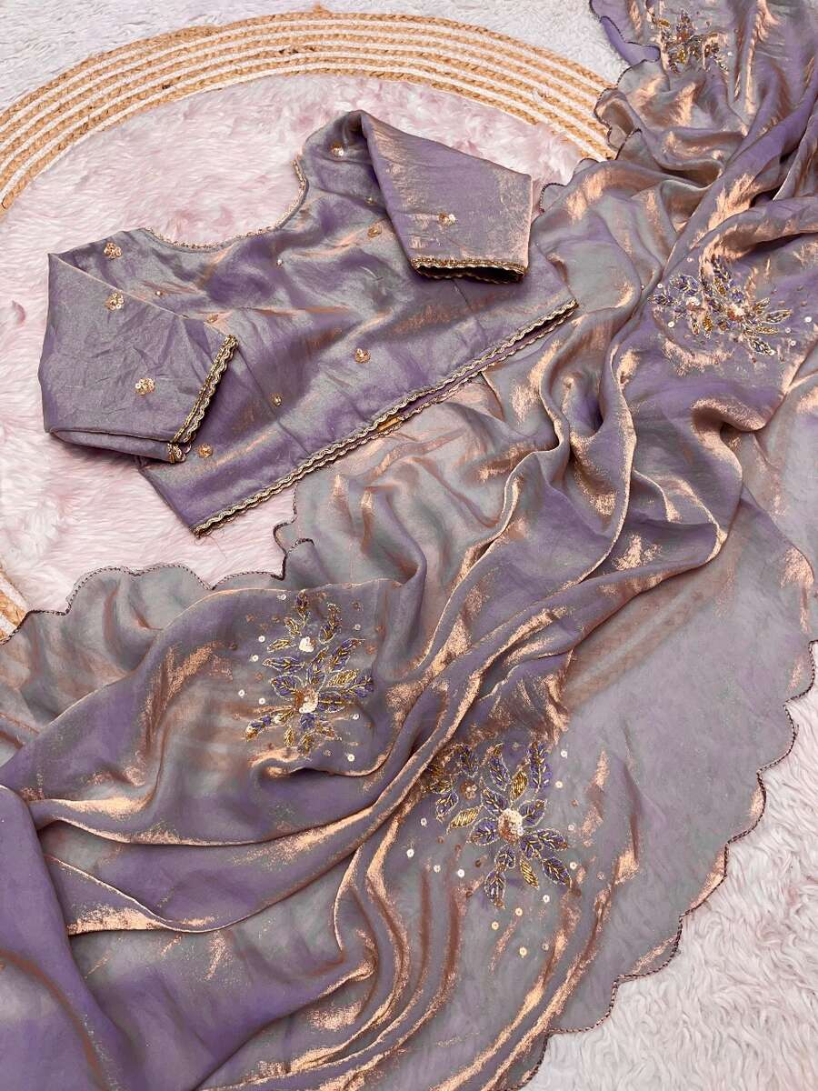 SATTIN KHATLI CUT DANA HANDWORK WITH ARCO BORDER SAREE WITH UNSTITCHED BLOUSE LAVENDER