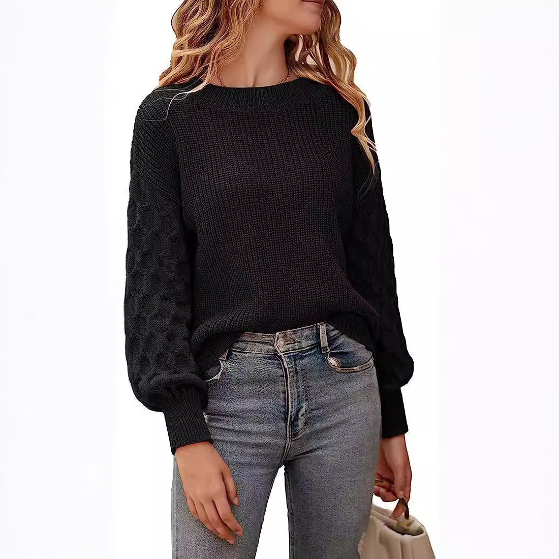 Fashion Lantern Sleeve Round Neck Pullover Knitted Sweater Women