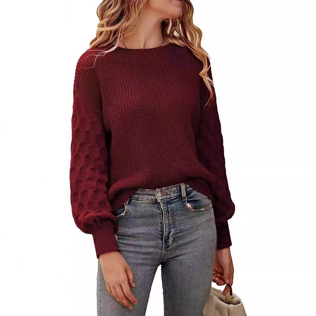 Fashion Lantern Sleeve Round Neck Pullover Knitted Sweater Women