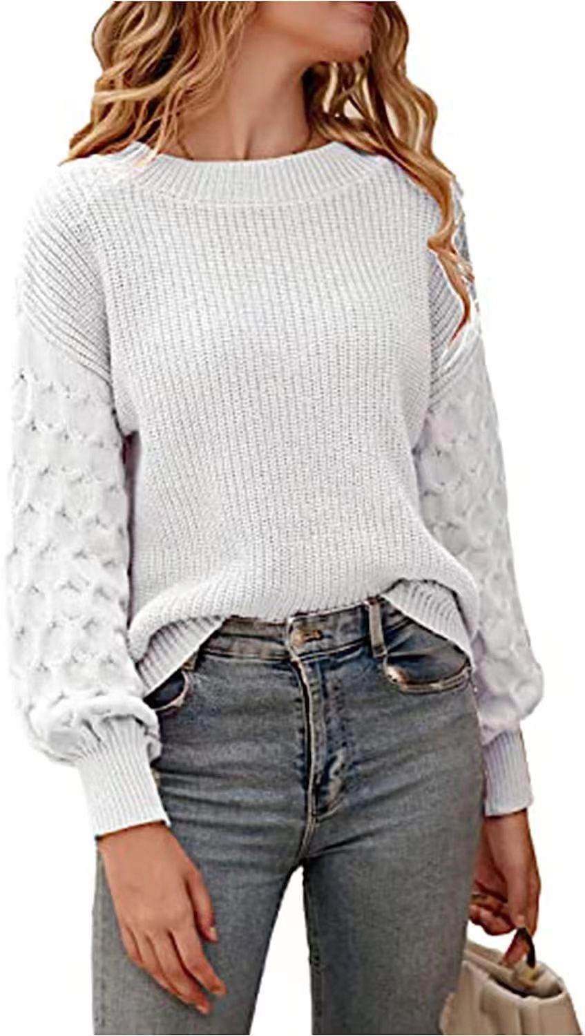 Fashion Lantern Sleeve Round Neck Pullover Knitted Sweater Women