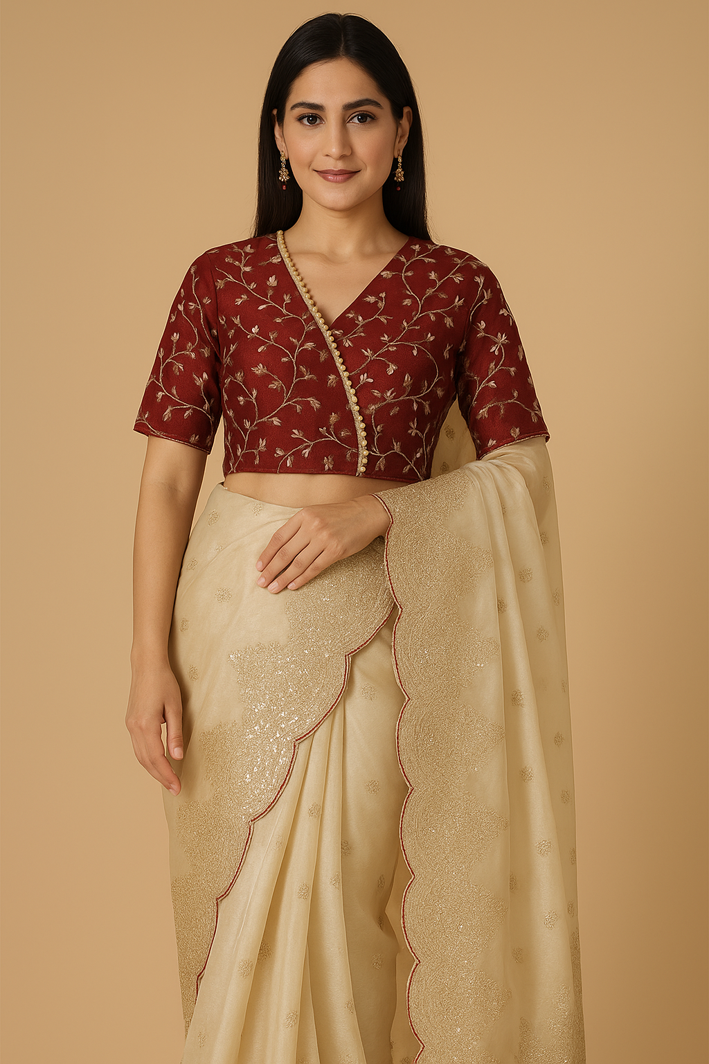 Heavy soft silk fabric saree with arco cut work border