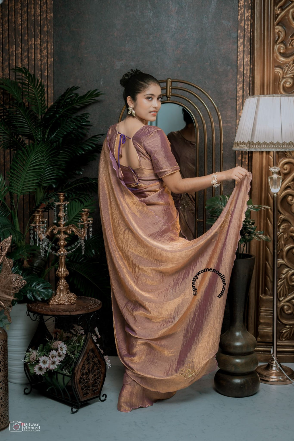 SATTIN KHATLI CUT DANA HANDWORK WITH ARCO BORDER SAREE WITH UNSTITCHED BLOUSE LAVENDER