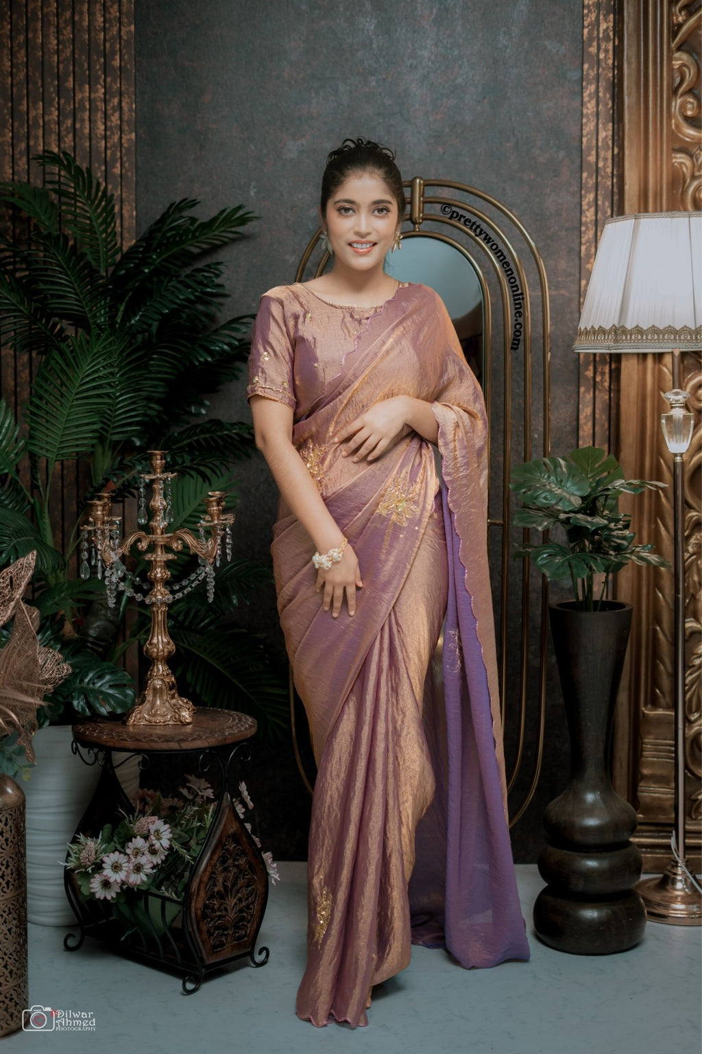 SATTIN KHATLI CUT DANA HANDWORK WITH ARCO BORDER SAREE WITH UNSTITCHED BLOUSE LAVENDER