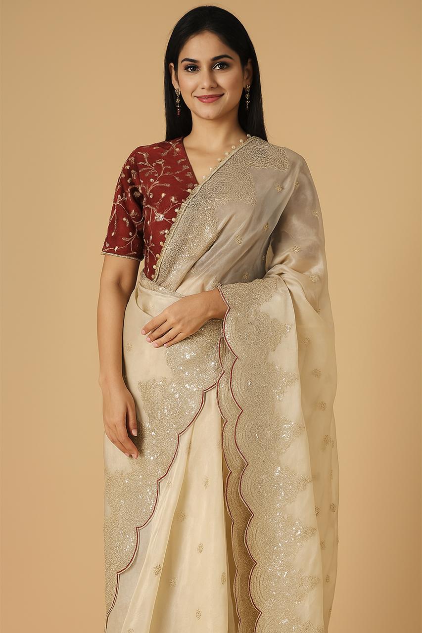 Heavy soft silk fabric saree with arco cut work border