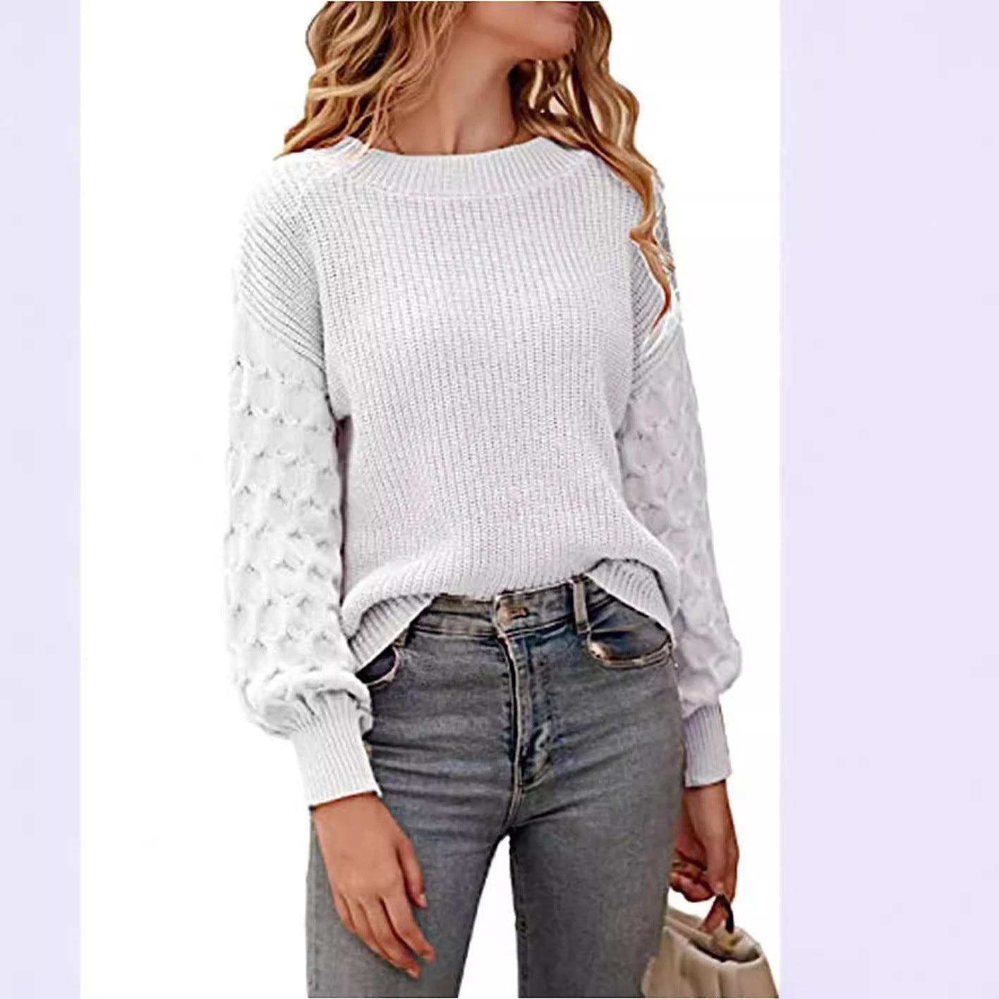 Fashion Lantern Sleeve Round Neck Pullover Knitted Sweater Women