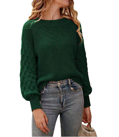 Fashion Lantern Sleeve Round Neck Pullover Knitted Sweater Women
